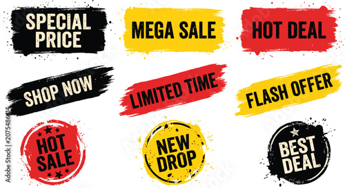 Collection of grunge style marketing banners and retail sale discount labels for promotions
