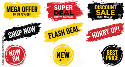 Collection of sale and offer banners including mega deal, super deal, flash deal, new product, and best price for advertising and marketing campaigns