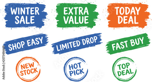 Assortment of grunge style sales badges for seasonal promotions, special shopping deals, and e-commerce advertising