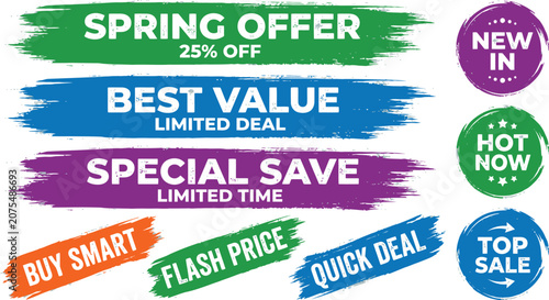 Colorful brush stroke promotion banners and badges for retail sales and marketing offers