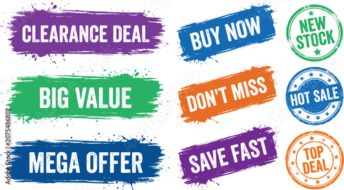 Set of colorful grunge promo sale banners and circular stamp labels for retail discounts and marketing campaigns