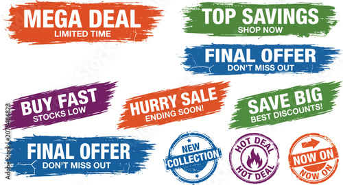 Set of colorful grunge sale banners and promotional stamp badges for retail marketing
