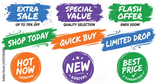 Vibrant Brush Stroke Marketing Badges for Online Store Sales and Special Offers