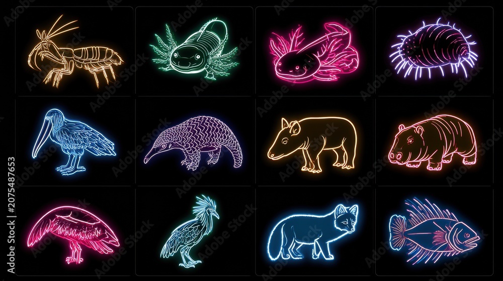 Fototapeta premium Neon outlines of ten animals are displayed on black tiles. Each animal is shown in bright colors and distinct shapes.
