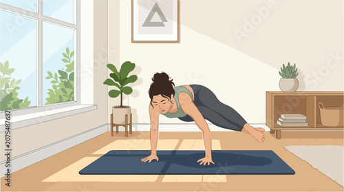 Fotografie Yoga side crow pose vector illustration, woman practicing advanced arm balance o
