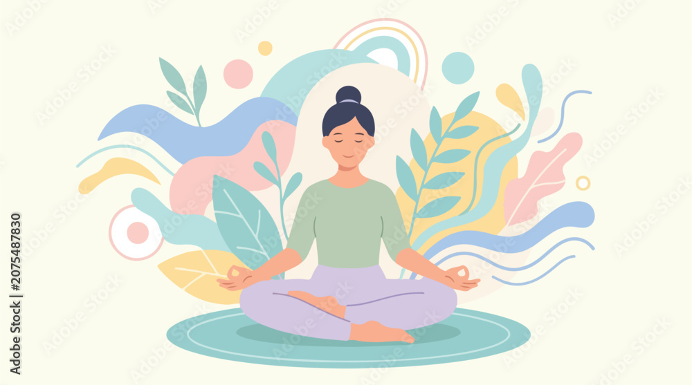 Obraz premium Zen yoga meditation woman in lotus pose, peaceful mindfulness illustration with abstract botanical shapes, calm wellness and mental health concept vector