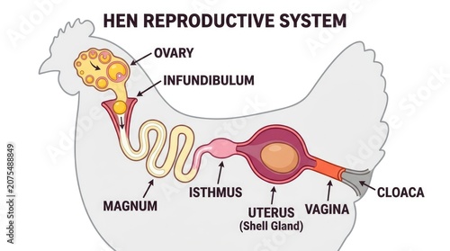 Detailed diagram of the hen reproductive system showing ovary magnum isthmus uterus vagina and cloaca for biological education