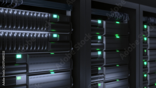 Фотография Server racks with blinking green indicator lights in a dimly lit data center env