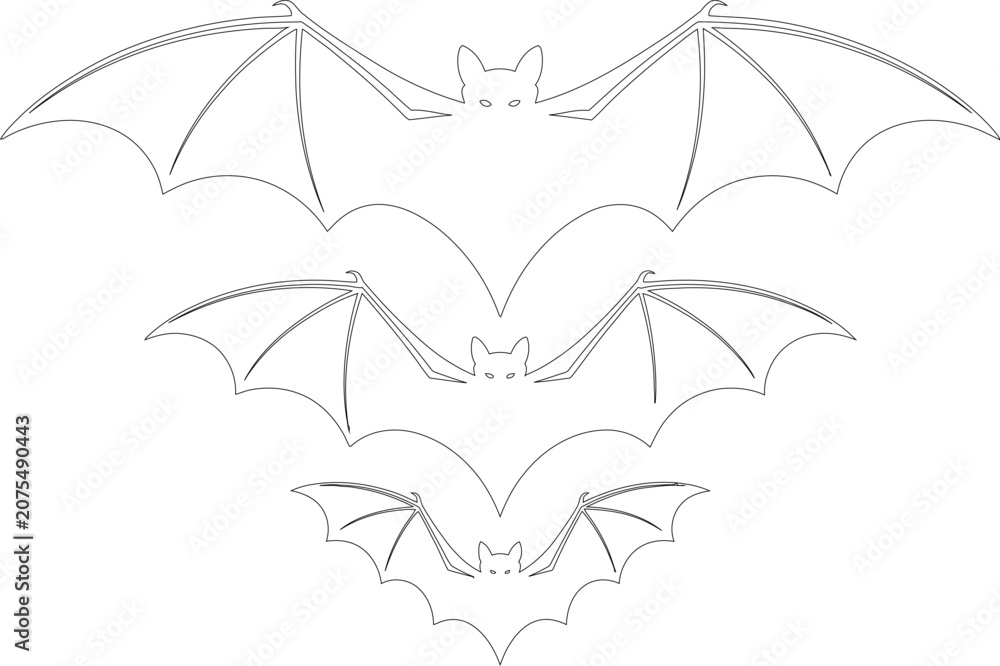 Fototapeta premium Three stylized flying bats in varying sizes, depicted as simple outlines