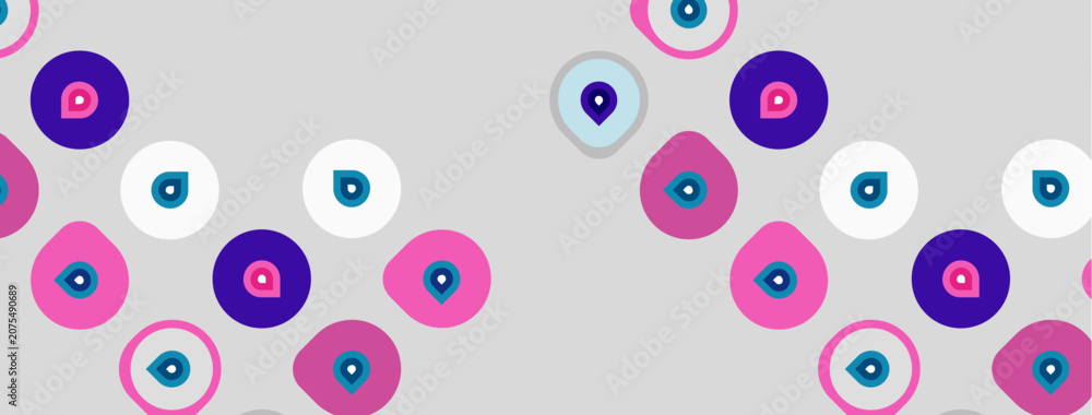 Fototapeta premium Abstract pattern features colorful eyes, circles, dots. Background is light gray. Design appears playful, modern.