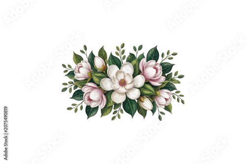 White flowers with green leaves on transparent background