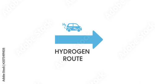 Hydrogen Route: Eco-friendly car icon moving on blue arrow, clean energy concept