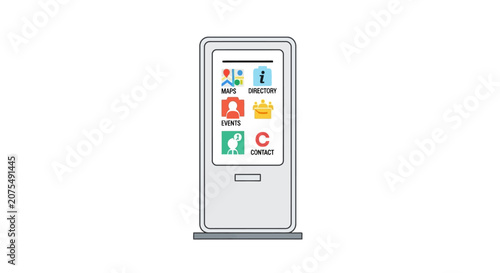 Interactive Kiosk Screen with Colorful Icons for Navigation and Information