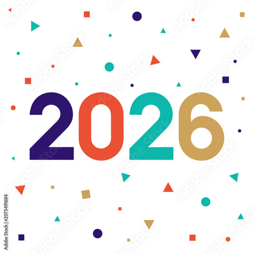 Floating Bold Number 2026 with Geometric Shapes Modern Typography Vector