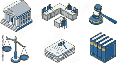 Isometric Law and Justice Icon Set Featuring Courthouse, Judge Gavel, Scales of Justice, Legal Documents, Books, and Courtroom Trial Scene Vectors