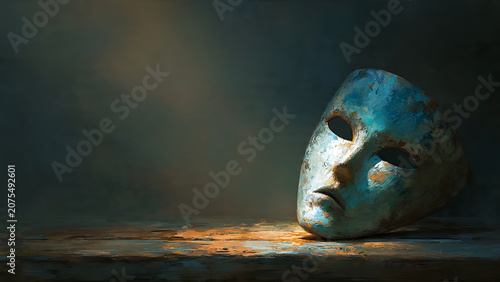 A weathered blue theatrical mask resting on a textured surface