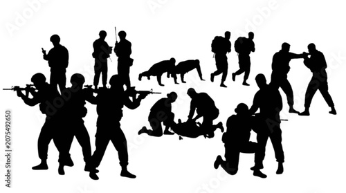Tableau sur toile Silhouettes of police officers and dog in action isolated on transparent backgro