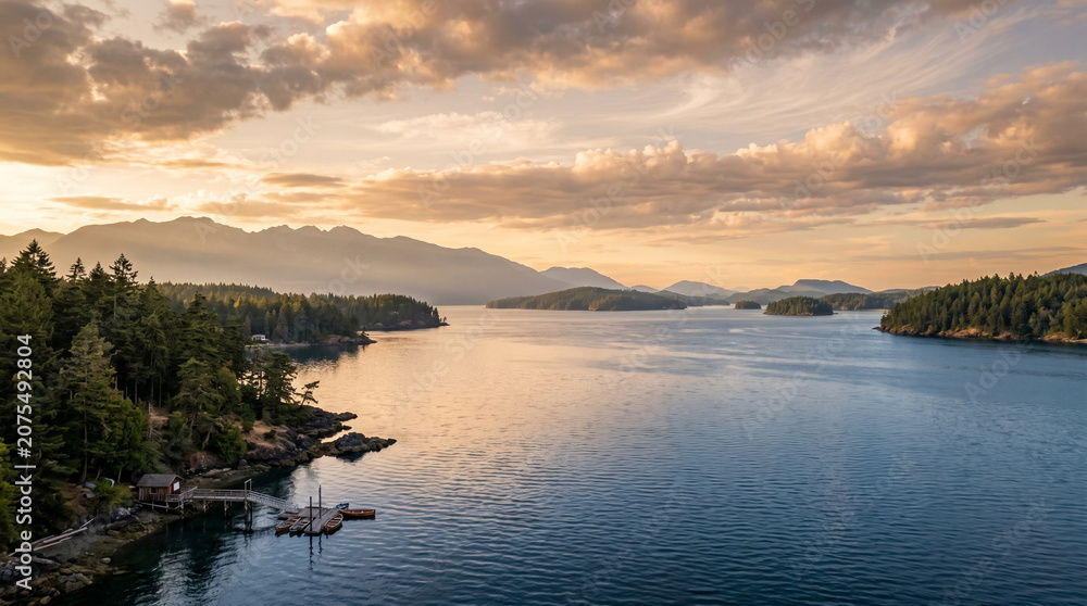Fototapeta premium scenic mountain landscape with lake and small boat pier at sunset