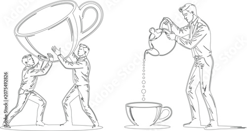 Two different scenes showing men interacting with oversized cups and pouring beverages