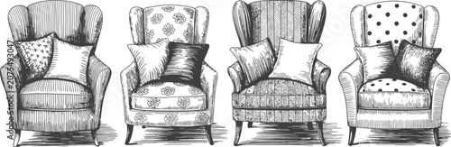Vintage armchairs, wingback chairs, upholstered furniture, decorative pillows, interior design elements, vector illustrations