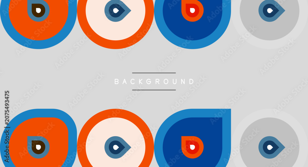Fototapeta premium Geometric shapes repeat. Circles, squares, colors create simple pattern. Gray background provides neutral canvas.
