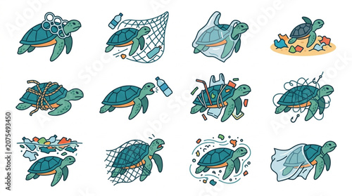 Photos Sea Turtle Illustrations Showing Environmental Pollution Impact.