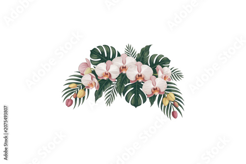 White flowers and green leaves bouquet on transparent background.