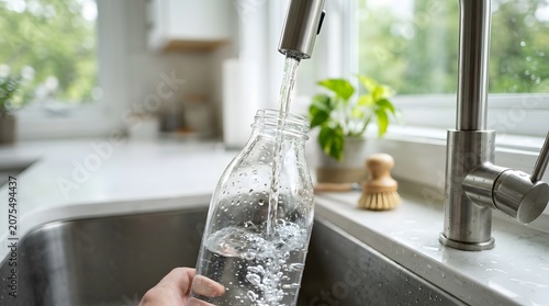 Filling glass bottle with water from kitchen faucet, Close-up
