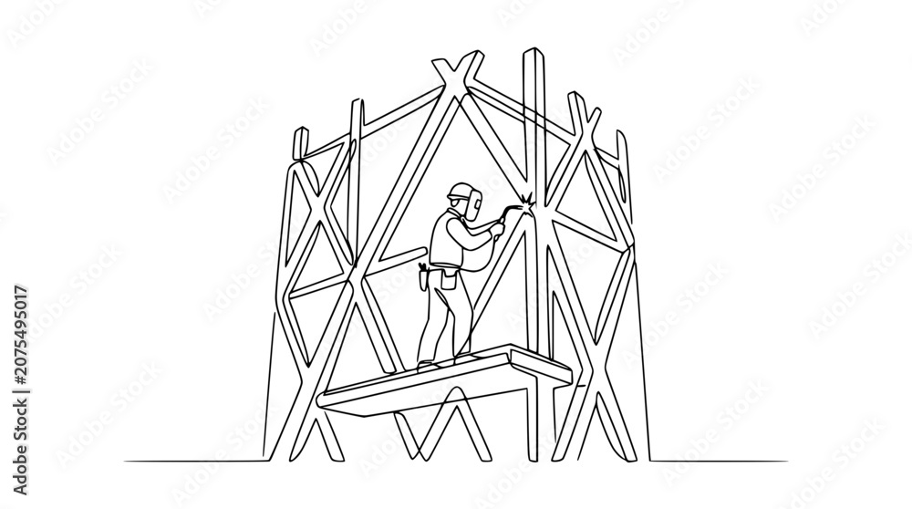 Fototapeta premium Construction worker welding on a modern geometric building structure, line art style
