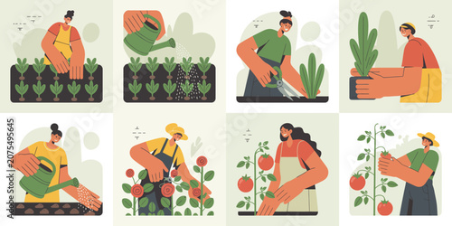 Bild auf Leinwand Gardening icons, people planting flowers, gardening illustrations, green thumb v