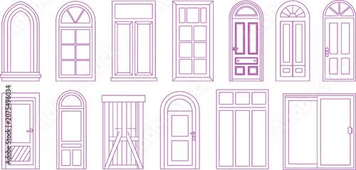 Pink line art door and window icons, 12 piece collection, vector illustrations, purple outline