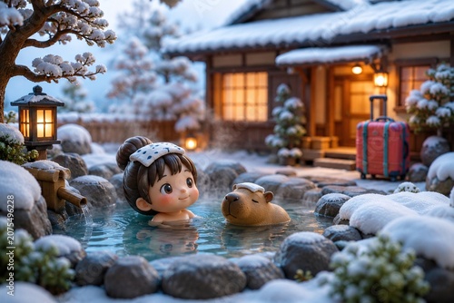 Cute Japanese Onsen Winter Travel Miniature Scene