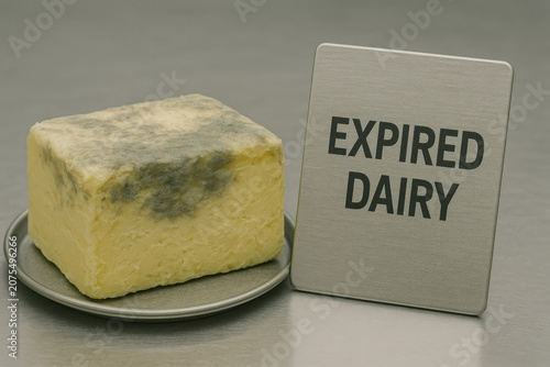 Spoiled butter block with rancid surface placed beside expired dairy card on hygienic stainless steel counter showing food waste and contamination risk