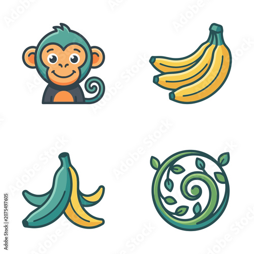 Photography Cartoon monkey with bananas and leaves.