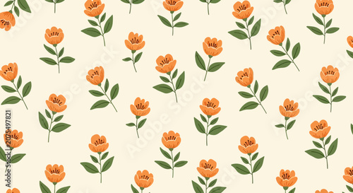 Gentle seamless pattern of small stylized orange flowers with green leaves, arranged neatly on a soft light beige background, creating a natural and rustic floral design.
