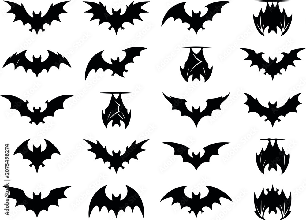 Fototapeta premium Collection of black bat silhouettes for halloween decor