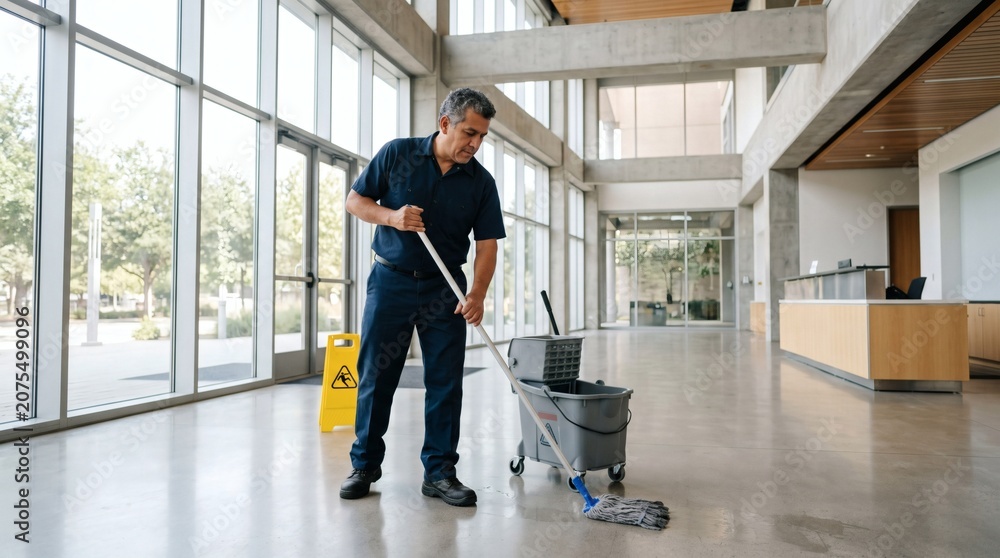 Obraz premium Janitor mopping the floor in a modern office building lobby with large windows and natural light