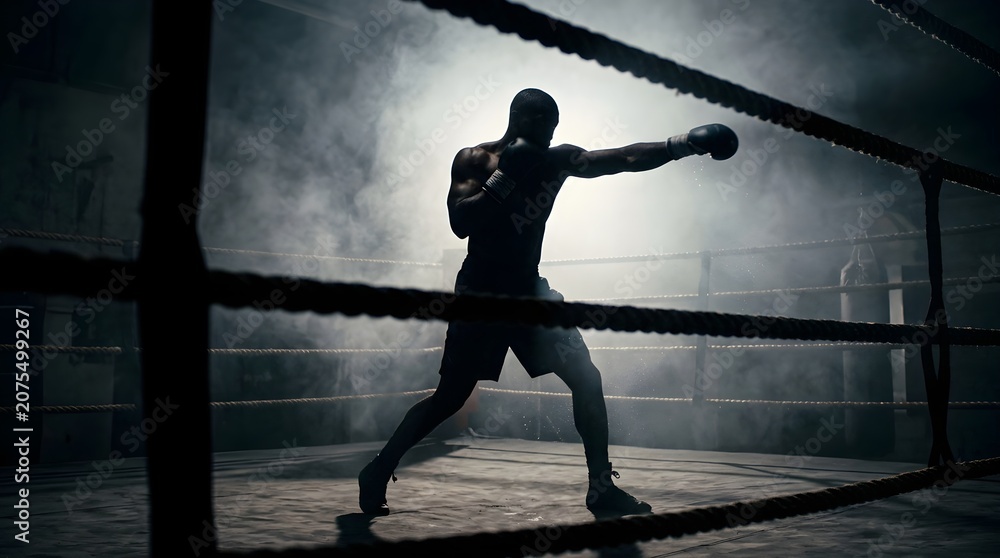Fototapeta premium Cinematic silhouette of a fighter man in a smoky boxing ring