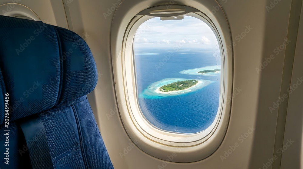Fototapeta premium Aerial view of tropical islands surrounded by turquoise coral reefs and deep blue ocean water, seen through the oval window of an airplane cabin with a blue seat and safety belt in the foreground