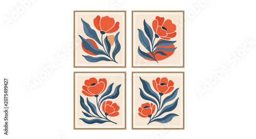 Bold Abstract Botanical Flower Art Prints Set with Poppies, isolated white background