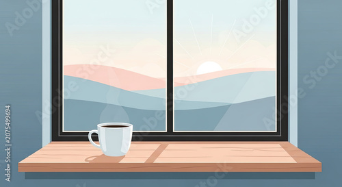 Stylized illustration of coffee cup on windowsill overlooking mountains.