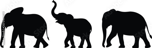 Fotografie Three Black Elephant Silhouettes Walking and Trumpeting on White Background afri