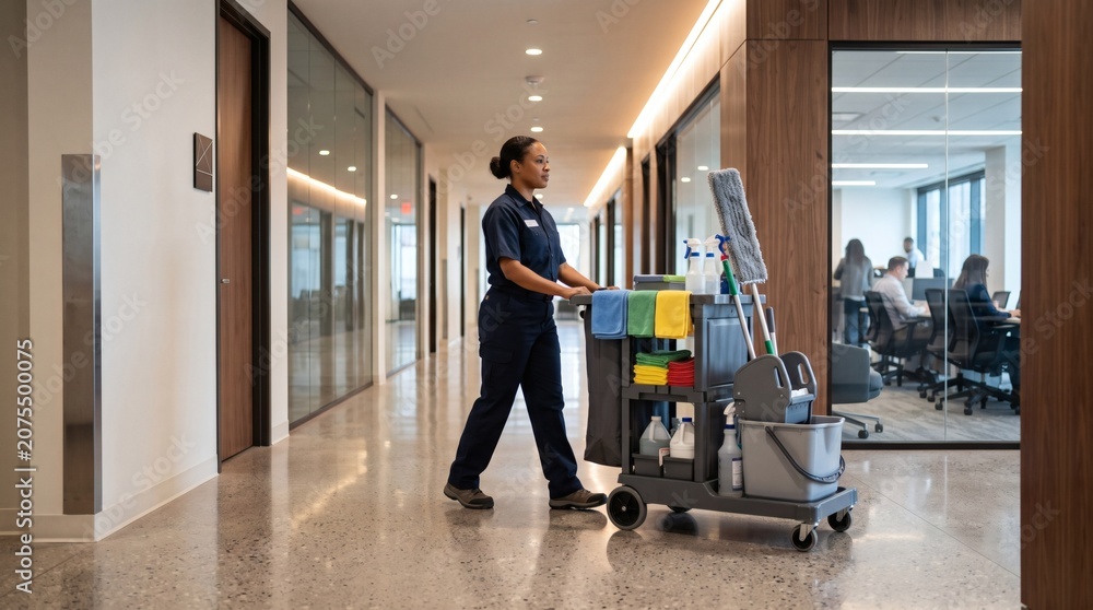 Obraz premium Professional cleaner pushing a cart with cleaning supplies down a modern office hallway