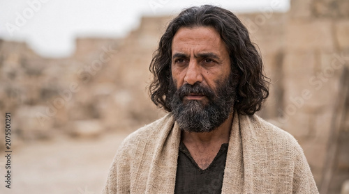 Portrait of a middle aged ancient Levantine man with a beard. Historical biblical character in traditional woven clothing