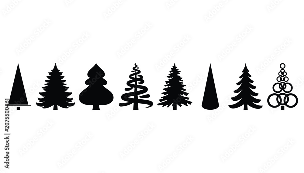 Obraz premium Variety of evergreen and deciduous coniferous tree silhouettes in black, showing different shapes and styles for forest landscapes.