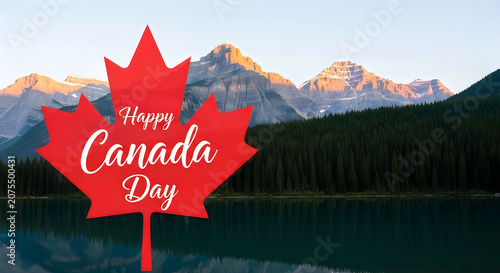 Maple Leaf Reflection on Water with Mountain Landscape and Happy Holiday Text Overlay