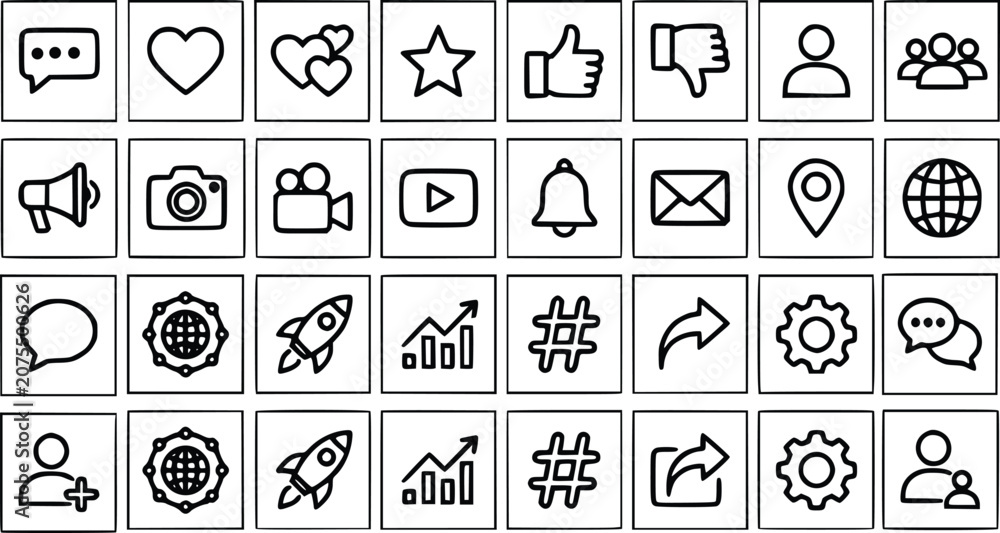 Obraz premium Set of social media and communication line icons isolated on white background