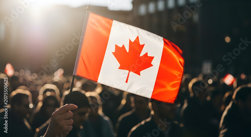 Person holding Canadian flag at crowded outdoor event with warm backlighting