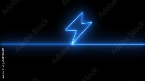 Abstract orange neon glowing battery charging icon animation on black background.Glowing neon lightning bolt icon, Violet orange color battery icon, Battery charging animation.