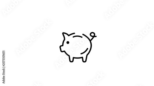 Cute piggy bank with a falling dollar icon animation. minimalist line art piggy bank savings animation.